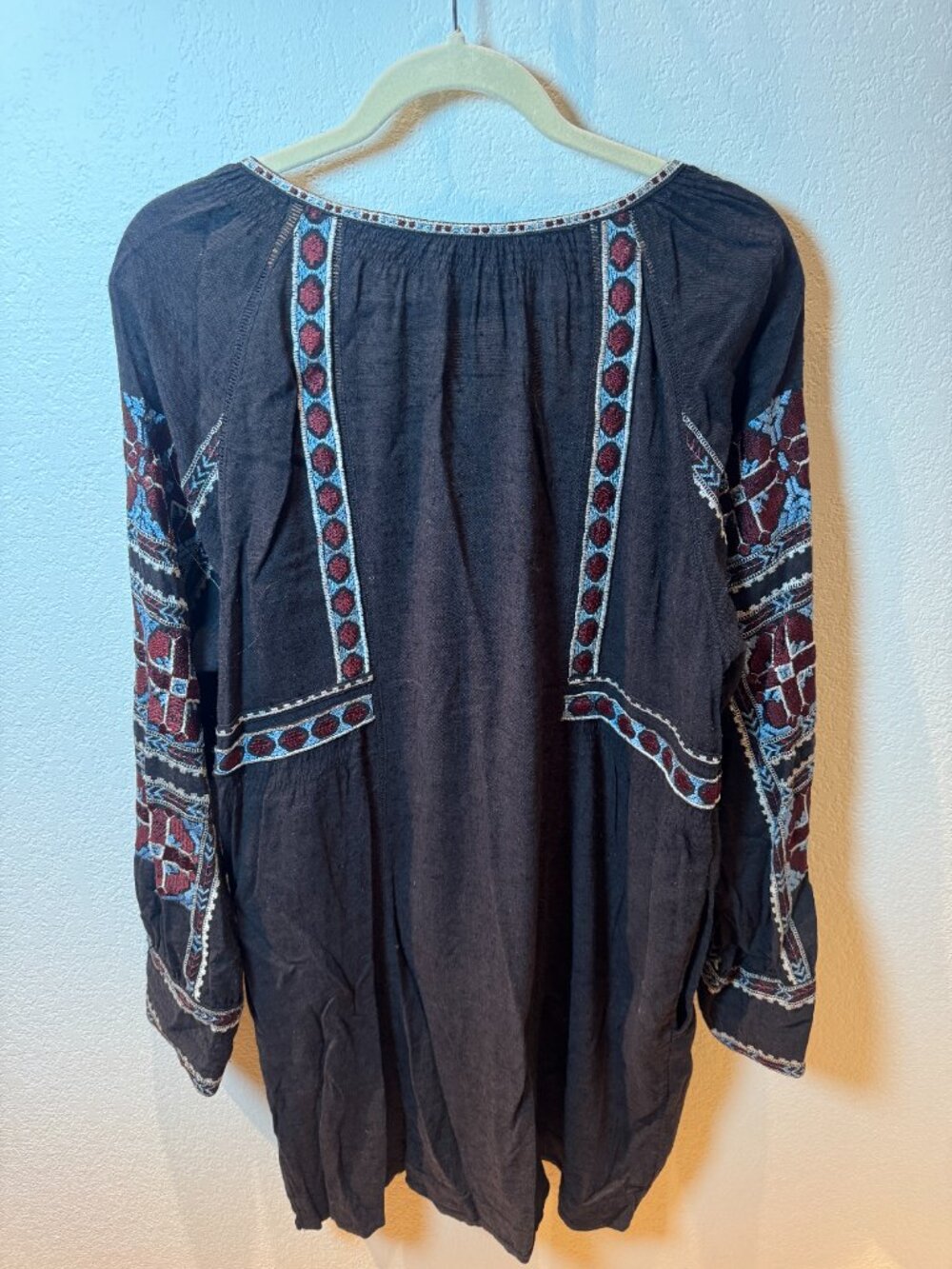 Free People Embroidered Peasant Top Large Charcoal Boho - Picture 2 of 11